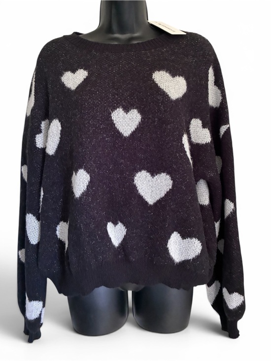 Sweaters - Black Silver Heart Pattern Valentines Day Sweater - Cozy Crewneck Sz L